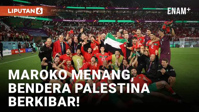 Kemenangan Maroko atas Spanyol di babak 16 besar Piala Dunia 2022 dirayakan gempita para pemainnya. Di tengah selebrasi, bendera Palestina di bentangkan di lapangan.