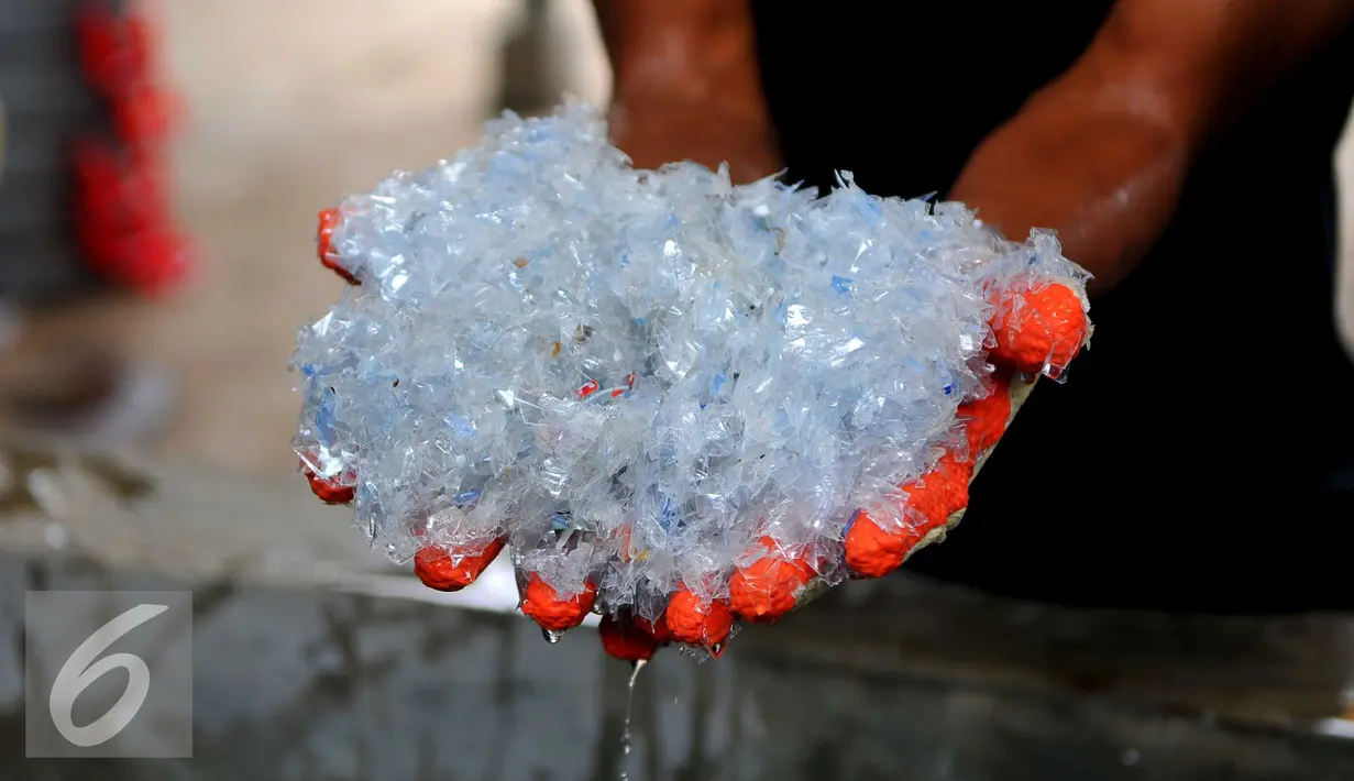Seorang pekerja menunjukan hasil potongan sampah plastik di Perumahan Vida, Bekasi (19/3). Limbah botol plastik dimanfaatkan menjadi bahan mentah yang bernilai ekonomis dan mengurangi dampak pencemaran lingkungan. (Liputan6.com/Gempur M Surya)