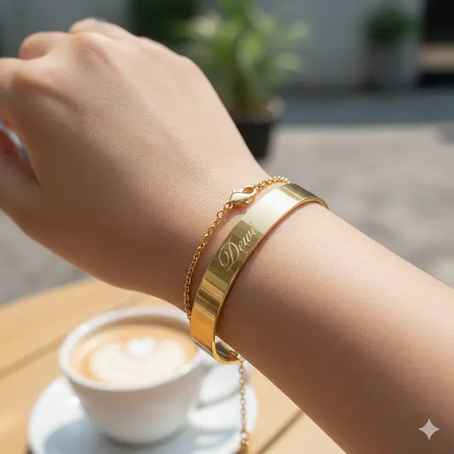Model Gelang Emas Kombinasi Rantai dan Plate Nama