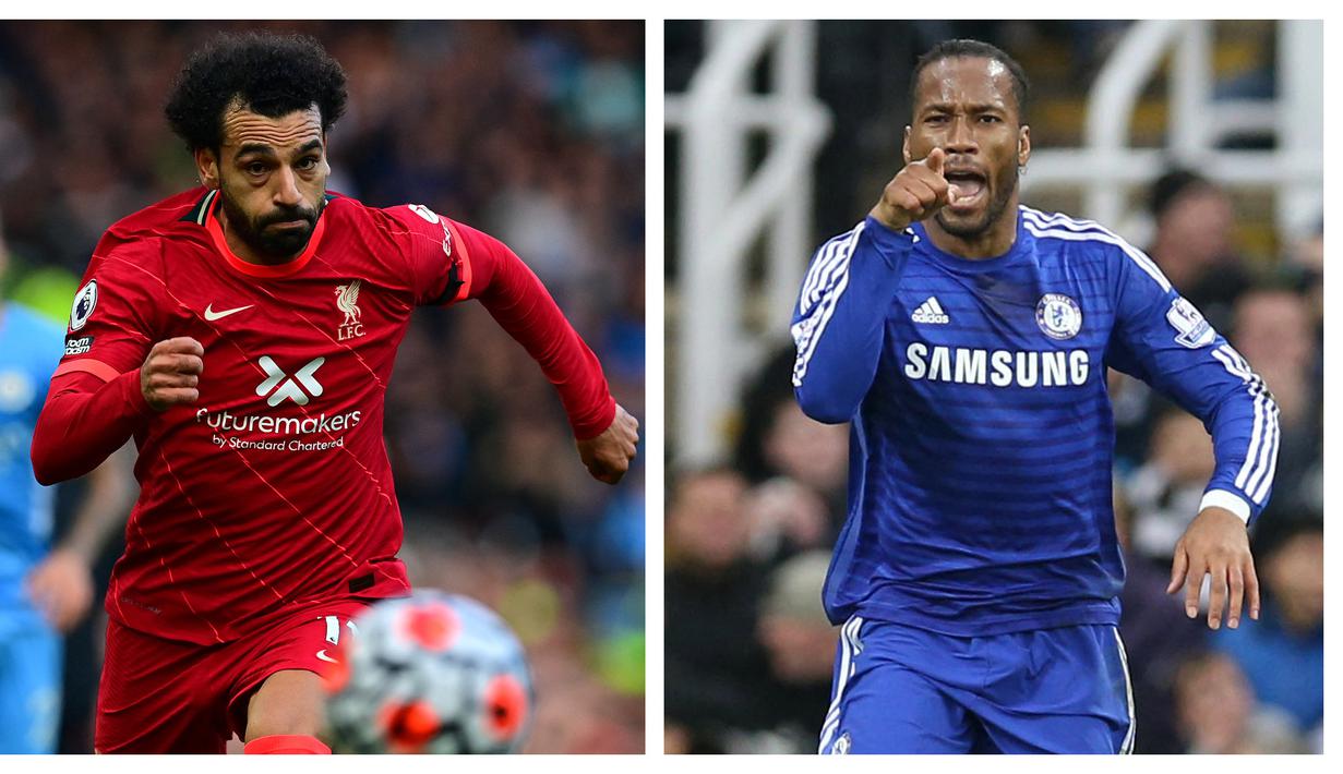 Mohamed Salah, bintang Liverpool asal Mesir baru saja memecahkan rekor sebagai pemain Afrika pencetak gol terbanyak di Liga Inggris usai membuat hattrick ke gawang Manchester United. Ia mematahkan rekor Didier Drogba yang telah bertahan 6 tahun. Simak daftarnya. (Kolase AFP)