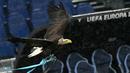 Maskot elang Lazio 'Olympia' terbang  sebelum pertandingan Liga Europa 2024/2025 antara Lazio melawan Nice yang berlangsung di Olympic Stadium, Roma, Italia, Jumat (04/10/2024) dini hari WIB. (AFP/Andreas Solaro)