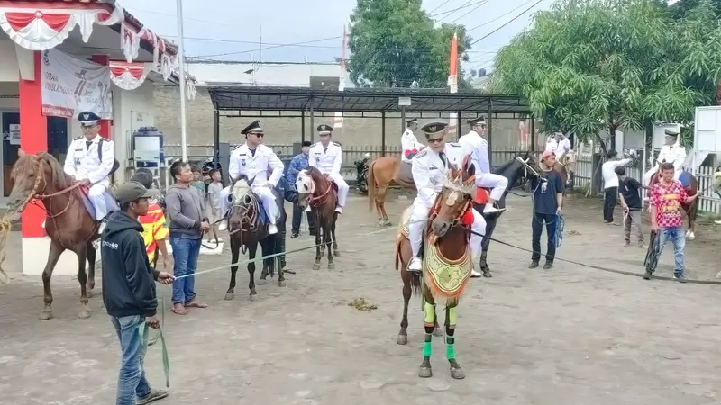 Sebanyak 9 kuda delman tanpa roda pedati diarak membawa para pejabat mengikuti upacara kemerdekaan HUT ke-77 RI tingkat kecamatan. (Liputan6.com/Jayadi Supriadin)