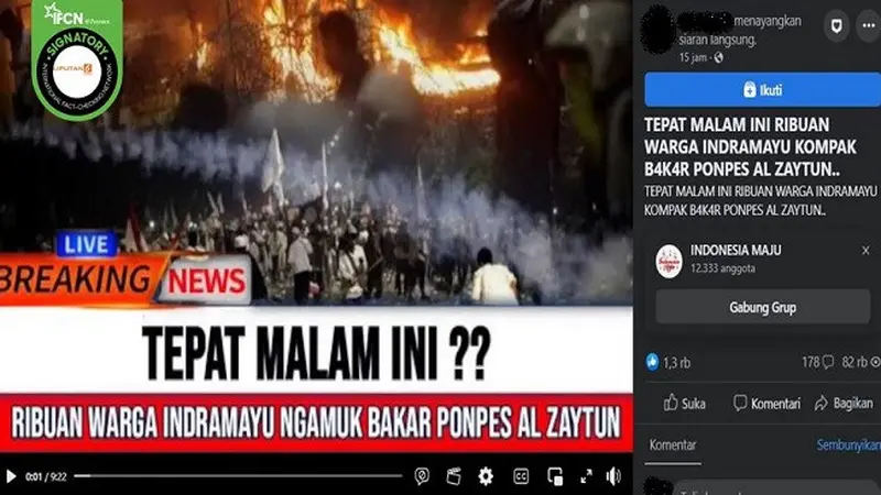 Kabar hoaks tentang warga Indramayu membakar Pondok Pesantren Al Zaytun (sumber: Facebook).