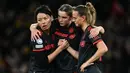 Reaksi kecewa pemain Bayern Munchen, Klara Buhl, Karolina Vilhjalmsdottir, Saki Kumagai setelah kalah dari Arsenal pada laga leg kedua perempat final Liga Champions 2022/2023 di Emirates Stadium, London, 29 Maret 2023. The Gunners menang dengan skor 2-0. (AP Photo/PA/Mike Egerton)