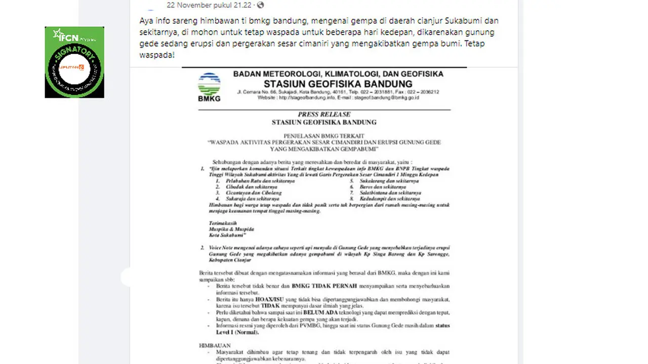 Tangkapan layar klaim erupsi Gunung Gede sebabkan gempa bumi Cianjur pada November 2022