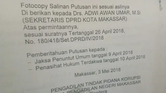 Salinan putusan MA perkara kasus korupsi bansos Sulsel yang menjerat Mustagfir Sabri (Liputan6.com/ Eka Hakim)