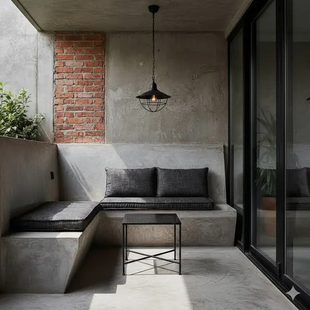 Desain Teras dengan Tempat Duduk Cor Menyatu Dinding (Foto: Gemini AI)