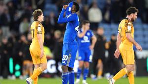 Patson Daka dari Leicester City bereaksi setelah pertandingan English Championship melawan Hull City di Leicester, Inggris, Selasa, 21 April 2026. (Jacob King/PA via AP)