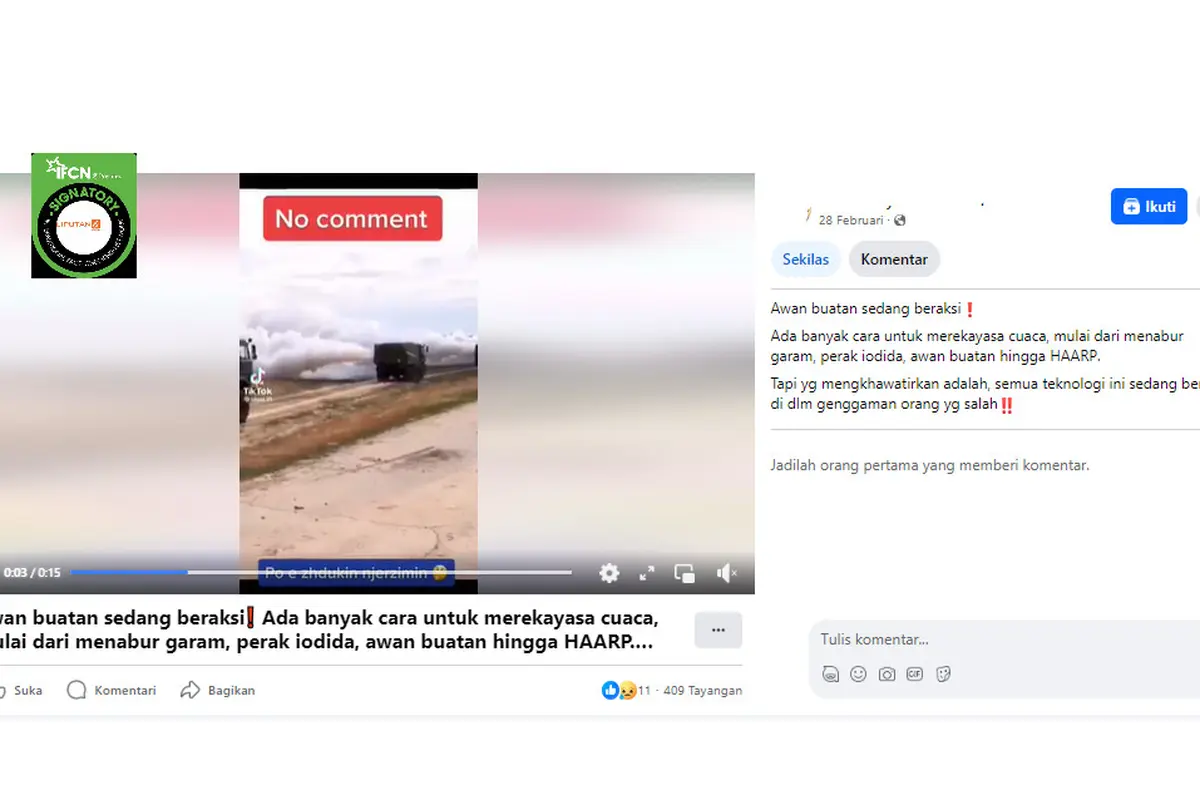 Tangkapan layar klaim video aksi penyebaran awan buatan untuk merekayasa cuaca