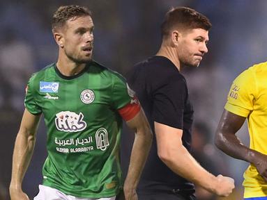 Foto kolase pemain Al-Ettifaq Jordan Henderson, Pelatih kepala Al-Ettifaq Steven Gerrard, dan Pemain Al-Nassr Sadio Mane pada laga pekan pertama Liga Arab Saudi 2023/2024 di Prince Mohamed bin Fahd Stadium, Dammam, Selasa (15/08/2023) dini hari WIB. (Foto: AFP dan Twitter)