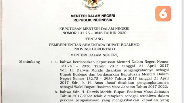 Surat Putusan Mentri dalam negeri (Arfandi Ibrahim/Liputan6.com)