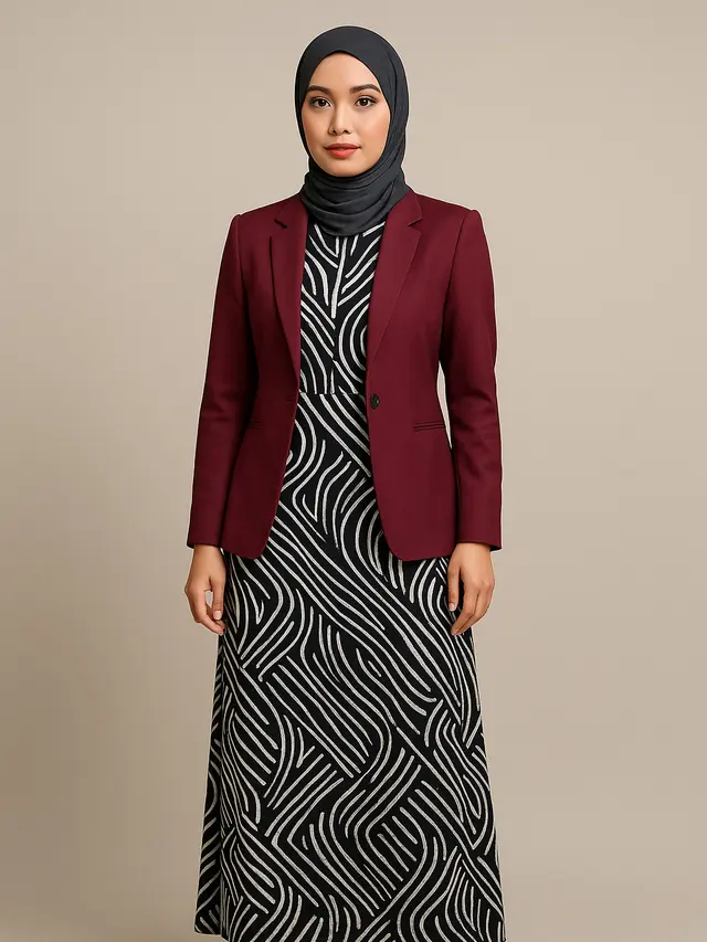 Gamis Batik dengan Blazer Polos (Foto: ChatGPT)