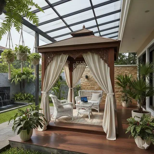 Teras Rumah 6x9 dengan Gazebo Kayu dan Tanaman Tropis (Foto: Gemini AI)