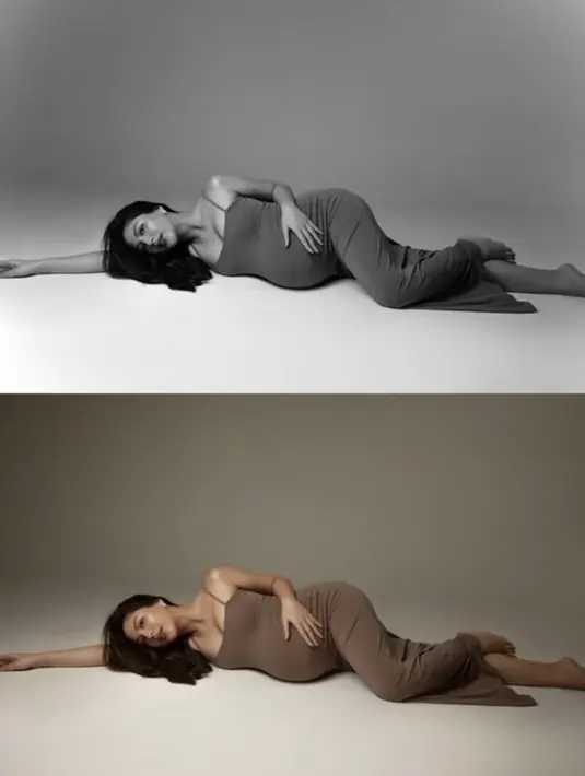 Jessica Mila pun berpose sambil tiduran dengan mengenakan dress coklatnya. Konsep maternity shoot sederhana namun memukau ini bisa jadi pilihan lho.  [@jscmila]