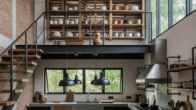 Dapur Mezzanine Industrial dengan Ruang Penyimpanan di Atas