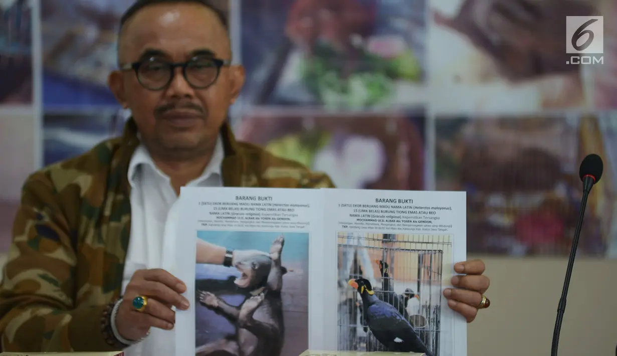 Direktur Pencegahan dan Pengamanan Hutan (PPH) Ditjen Gakkum KLHK Sustyo Iriyono menunjukkan barang bukti saat gelar kasus perdagangan ilegal satwa dilindungi di Gedung Bareskrim Polri, Jakarta, Rabu (7/2/2019). Tiga tersangka MUA, AM, dan KG berhasil diamankan. (merdeka.com/Imam Buhori)