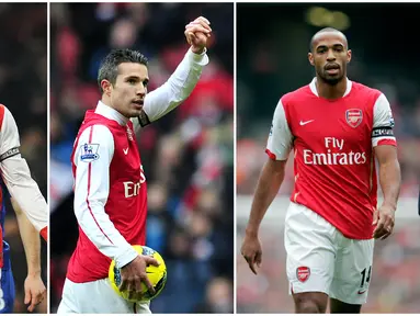 Foto kolase pemain Arsenal, Cesc Fabregas (kiri), Robin Van Persie (tengah), dan Thierry Henry saat ditugaskan menjadi kapten. (AFP)