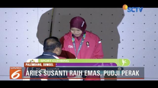 Untuk pertama kali, atlet panjat tebing putri Indonesia, Aries Susanti Rahayu sumbang medali emas di nomor kecepatan perorangan.