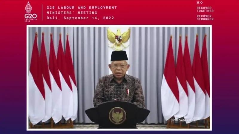 Wakil Presiden (Wapres) K.H. Ma’ruf Amin dalam acara Pertemuan G20 Labour and Employment Ministers’ Meeting yang diselenggarakan di Bali secara virtual, Rabu (14/9/2022).