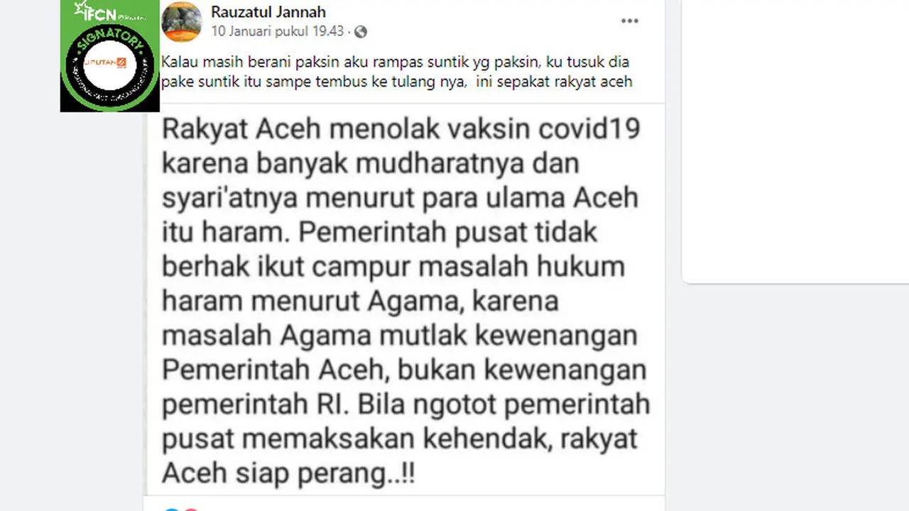 Cek Fakta Liputan6.com menelusuri klaim ulama Aceh mengharamkan vaksin Covid-19