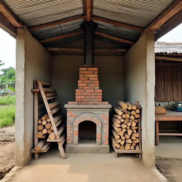 Model Dapur Rustic Sederhana dari Kayu Lokal di Rumah Kampung. Gemini