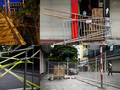 Foto kolase antara tanggal 29 dan 31 Agustus 2021 dari barikade yang didirikan untuk membatasi pergerakan penduduk di Hanoi, Vietnam, sebagai bagian dari rencana pihak berwenang untuk menghentikan penyebaran virus corona Covid-19. (Manan VATSYAYANA/AFP)