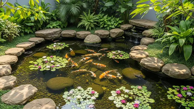 Kolam Koi dengan Batu Alam dan Teratai Mini