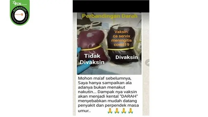 Gambar Tangkapan Layar Kabar Klaim Vaksin Covid-19 dapat Menyebabkan Pengentalan Darah dan Memperpendek Umur.