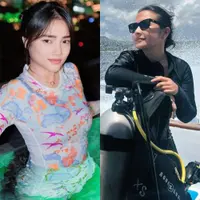 Lihat di sini beberapa potret OOTD artis main air, tren tidak melulu harus pakai baju renang terbuka.