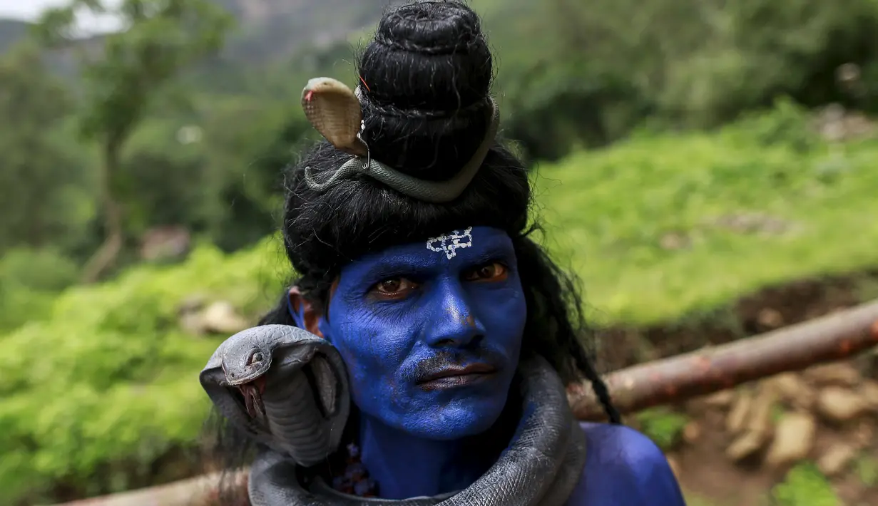 Pria berpakaian seperti Dewa Siwa dalam ajaran hindu untuk berpartisipasi dalam parade Kumbh Mela atau Festival Pitcher di Trimbakeshwar, India, Selasa (18/8/2015). Festival ini berlangsung sebanyak empat kali setiap 12 tahun. (REUTERS/Danish Siddiqui)