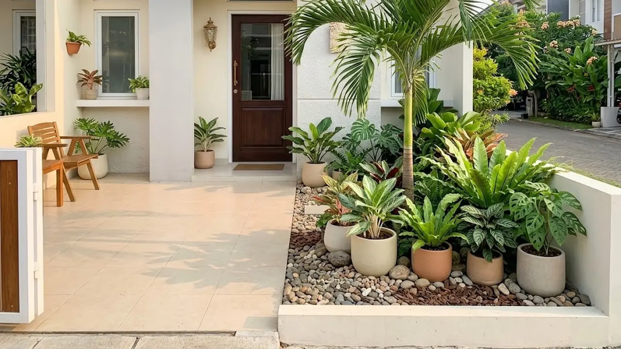 Desain kebun rumah minimalis di teras depan ukuran kecil tapi rapi