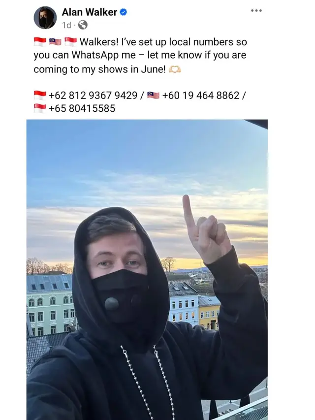 Alan Walker bagikan nomor WhatsApp lokal. [Foto: X/alanwalker]