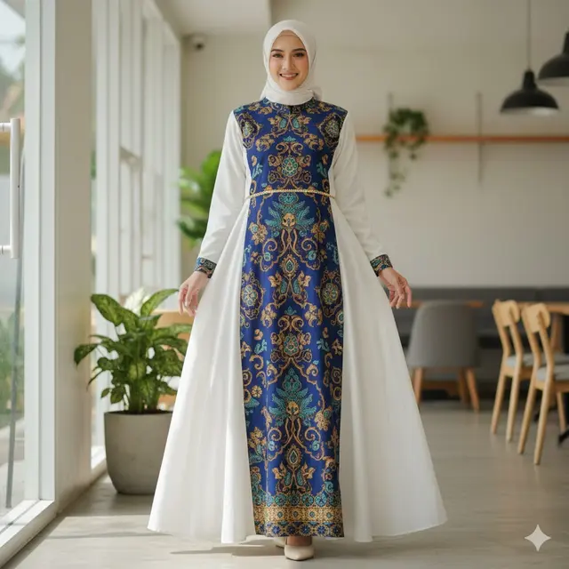 Model Gamis Terbaru Kombinasi Batik dan Polos (Image by AI)
