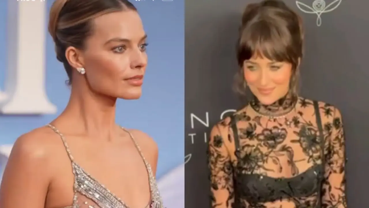 Margot Robbie dan Dakota Johnson kenakan dress Naked. [@voguemagazine]