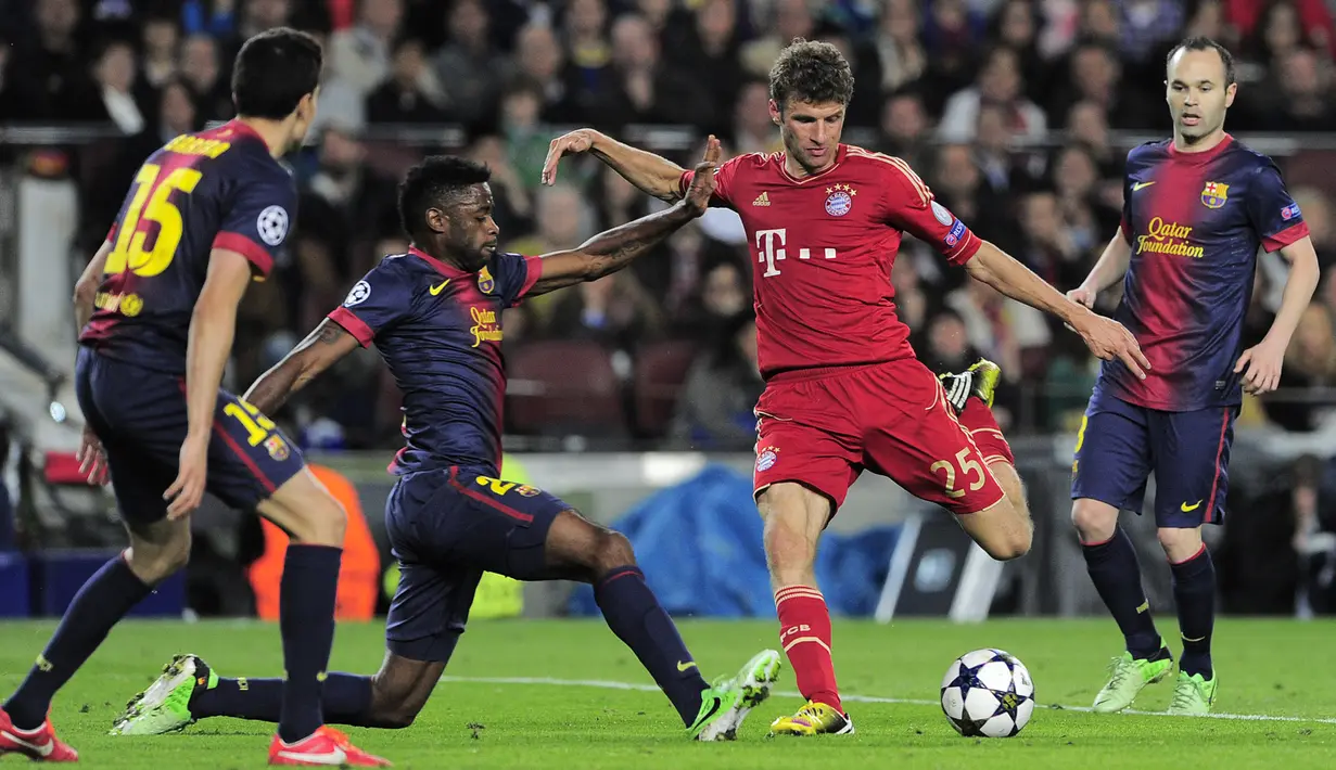 Pada leg kedua semifinal Liga Champions 2012/13, Bayern Munchen kembali menang usai menghajar Barcelona 3-0 saat bermain di Camp Nou. (AFP/Josep Lago)