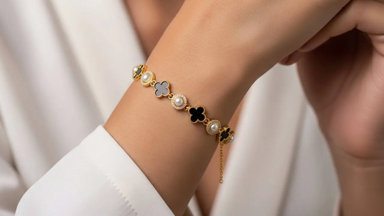 model gelang emas bunga clover hitam kekinian