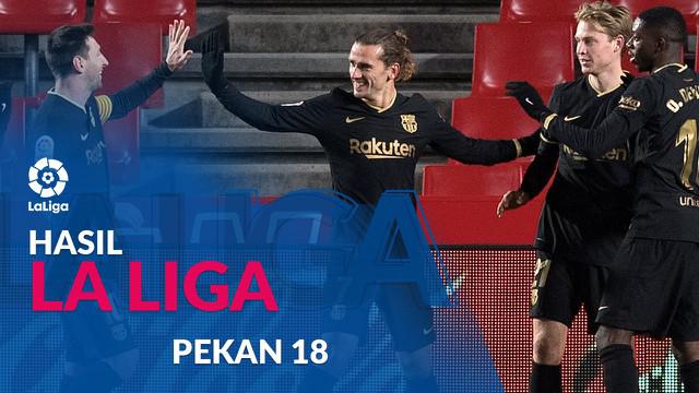 Berita motion grafis hasil Liga Spanyol 2020/2021 pekan ke-18, Barcelona menang besar saat bertandang ke markas Granada.