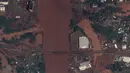 Kombinasi gambar yang dirilis oleh Maxar Technologies ini menunjukkan pemandangan sebelum dan sesudah banjir di sepanjang Sungai Taquari dan jembatan Highway 386 di Estrela, Brasil. 6 Maret 2024 (atas) dan 5 Mei 2024 (Bawah). (Satellite image ©2024 Maxar Technologies via AP)