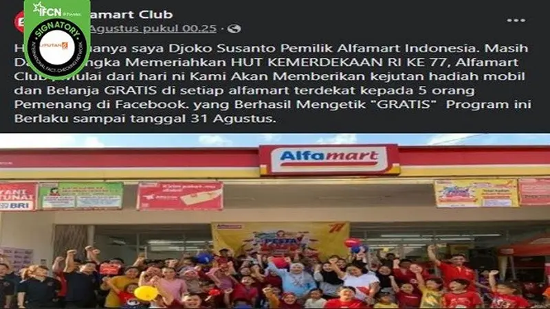 Gambar Tangkapan Layar Kabar Hoaks Pemilik Alfamart Bagi-Bagi Hadiah Mobil Rayakan HUT Kemerdekaan RI (sumber: Facebook).