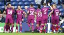 Para pemain Manchester City merayakan gol Leroy Sane (kiri) saat melawan West Bromwich pada lanjutan Premier League di Hawthorns, West Bromwich, (28/10/2017).  Manchester City menang 3-2. (AP/Rui Vieira)