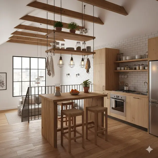 Ide Dapur Mezzanine Mungil dengan Rak Gantung Multifungsi Tren 2025. Gemini