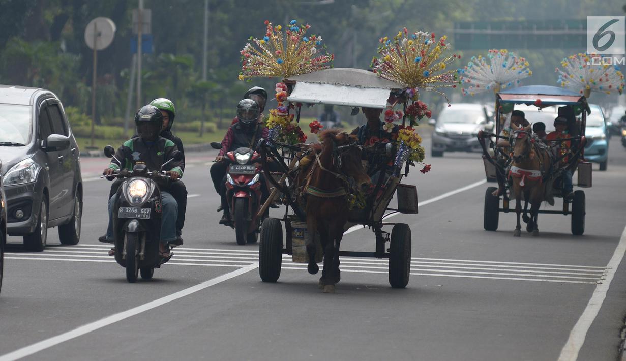 Pengunjung berkeliling naik delman hias di Monumen Nasional (Monas), Jakarta, Sabtu (15/6/2019). Sebelumnya delman hias tersebut dilarang kini beroperasi kembali, delman tersebut mengenakan tarif pada pengunjung bervariasi untuk berkeliling di luar IRTI Monas. (merdeka.com/Imam Buhori)