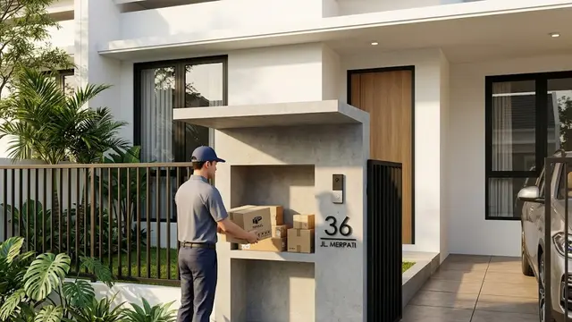 Pagar Minimalis dengan Niche Paket di Samping Pintu