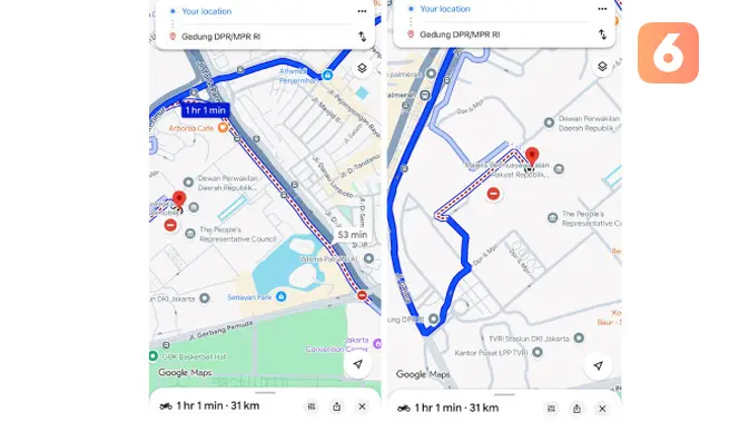 Tampilan Google Maps arah Gedung DPR/MPR. Liputan6.com/Iskandar