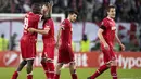 Para pemain FC Cologne merayakan kemenangan atas Arsenal pada laga grup H Liga Europa di Rhein  Energie Stadium, Cologne, (23/11/2017). Arsenal kalah 0-1. (Marius Becker/dpa via AP)