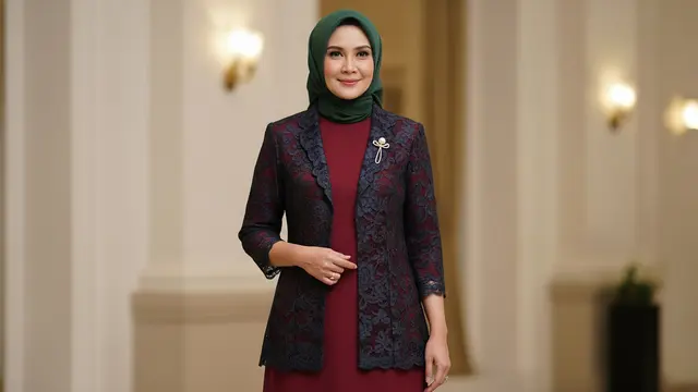 Model Gamis Blazer Brokat Mewah tapi Sederhana untuk Wanita 45 Tahun (AI)