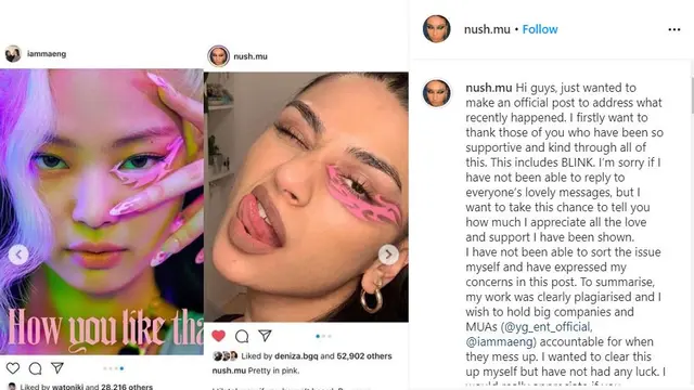 Unggahan Nushafarin tentang makeup Jennie Blackpink (Instagram/ nush.mu)