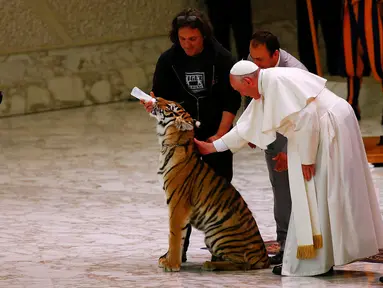 Paus Francis saat membelai seekor harimau di tengah acara sirkus jalanan yang digelar di Aula Paulus VI,Vatikan (16/6). Di sela-sela pertunjukan sirkus, Paus Francis diberi kesempatan memegang harimau. (REUTERS/Tony Gentile)