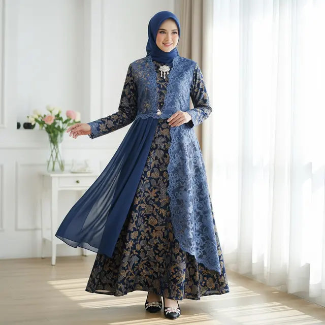 Model Gamis Batik Brokat Kombinasi Sifon