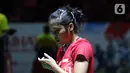 Pebulutangkis tunggal putri Indonesia, Gregoria Mariska Tunjung saat berlaga melawan Han Yue (China) di babak Perempat Final Indonesia Masters 2023 di Istora Senayan, Jakarta, Jumat (27/1/2023). Gregoria menyerah dalam pertarungan panjang 1 jam 4 menit di Istora Senayan. (Liputan6.com/Helmi Fithriansyah)